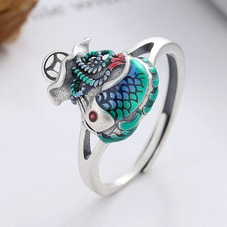 Sterling silver vintage cloisonne dekorerad pengapåse Koi etnisk stil sunt förnuft ringöppning kvinna ring mun bredd 12mm