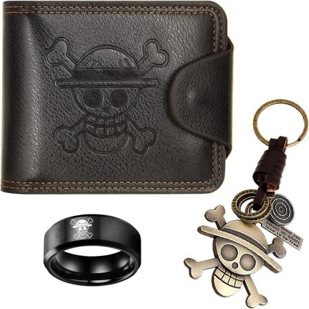 Anime Herre Lær Pung Lommebok, Nøkkelring, Hodeskalle Ring (Størrelse 9), Halmhatt Luffy