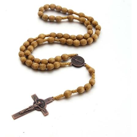 Katolsk kors rosenkrans halskjede, naturlig tre bønn perler Cross-perfet Light Brown