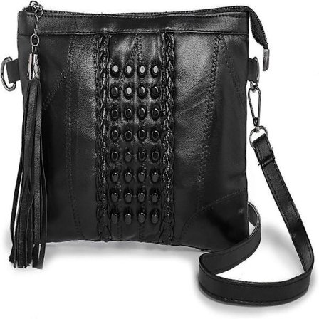 Soft Leather Small Crossbody Bag Shoulder Bag for Women Tassel Rivets Ladies Purses with Shoulder & Wrist Strap Clutch (Black)