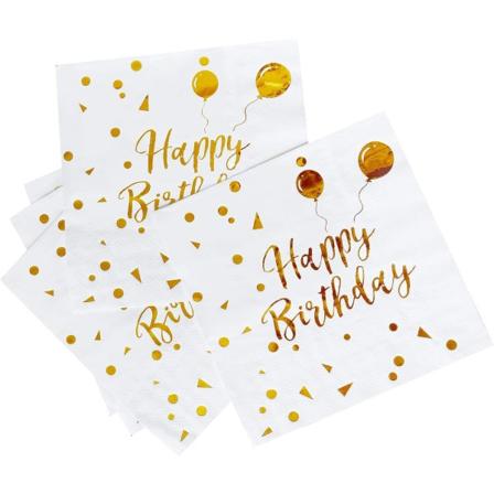 Gullservietter Happy Birthday Servietter 50stk, Papirserviett Folding 3 Lags Disponibel Bordservice Servise til Jubileum
