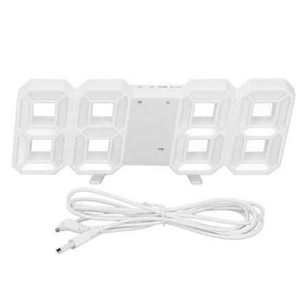 3D LED Digitalt Ur, Tid, Dato, Temperaturvisning, Stemmestyring, Automatisk Lysstyrkejustering, Digital Væg Ur, Hvidt Skal, Blå Tegn