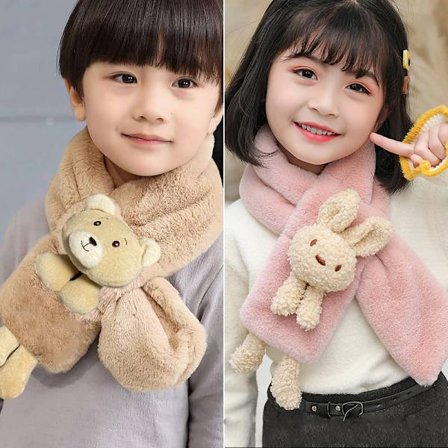 Barns skjerf i høst og vinter, plysj kanin varm nakkedeksel (stor kanin rosa+stor bjørn khaki)