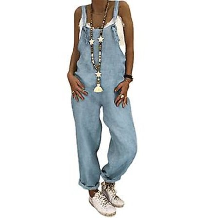 Dame Forår & Sommer Casual Løse Lange Bib Bukser Jumpsuits Baggy Bomuld Hør Look Rompers Overalls Bukser Plus Size (S Himmelblå)