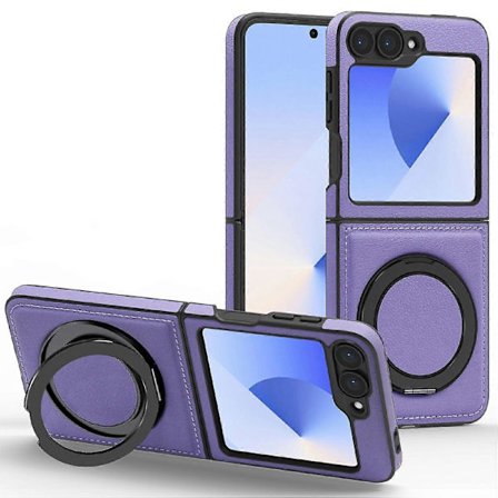 For Samsung Galaxy Z Flip6 5G Magnetisk Deksel Roterende Ring Støtte PU Lær+PC Bakdeksel
