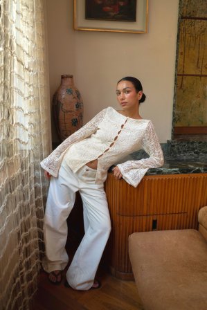 NA-KD Front Button Crochet Top - Langærmede t-shirts - Beige - L