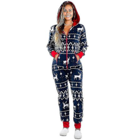 Jul-onesie för kvinnor, helkroppsoverall med dragkedja, jumpsuit med huva, pyjamas, julnattkläder, loungewear blå