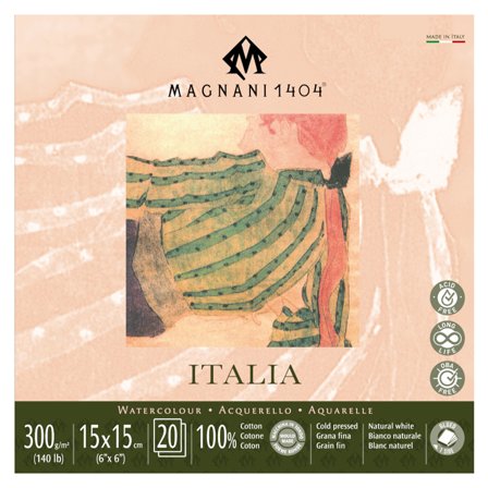 Magnani Akvarelblok Italia 100% Bomuld 300g Fine Grain 15x15cm 20 Sheets