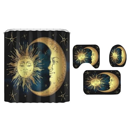 Abstrakt stjerne, måne og sol bruseforhæng vandtæt polyester badeforhæng med 12 kroge bademåtte