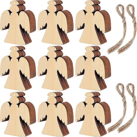 60 Stykker Julepynt i Tre, Runde Treskiver, Tre Engel Snøfnuggformede Skiver med 60 Stykker Snorer for Nyttår Juletre Hengi