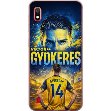 Kompatibelt Mobildeksel til Samsung Samsung Galaxy A10 Viktor Gyökeres fotballplakat i gult og blått med dramatisk stadionbakgrunn, sportillustrasjo