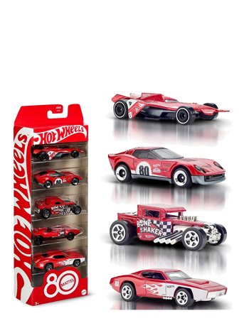 Hot Wheels Core Mattel 80Th Anniversary 5-Pack Of 1:64 Scale Toy Cars With Collectible Deco - Red - ONE SIZE