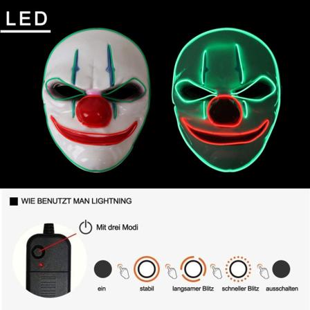 Halloweenmask, LED-mask med 3 blixtlägen clownmask
