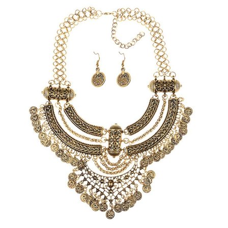 Fashion Coin Vintage Style Crescent Fringe Tjock Kedja, Kort Krage Ben Halsband