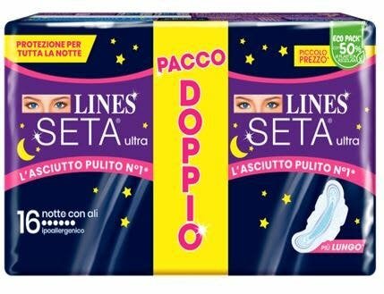 Lines Seta Ultra Assorbenti Notte Con Ali Pacco Doppio 16 Pezzi
