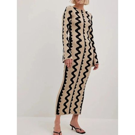 Sommar Kvinna Randig Stickad Maxi Kläder Elegant O-ring Flare Långärmad Bodycon Kläder Dam Mode Streetwear Party Kläder