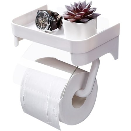Hvid toiletrulleholder med hylde, plastik toiletrulleholder vægmonteret selvklæbende, anti-drop let rullepapirholder vandtæt Rus