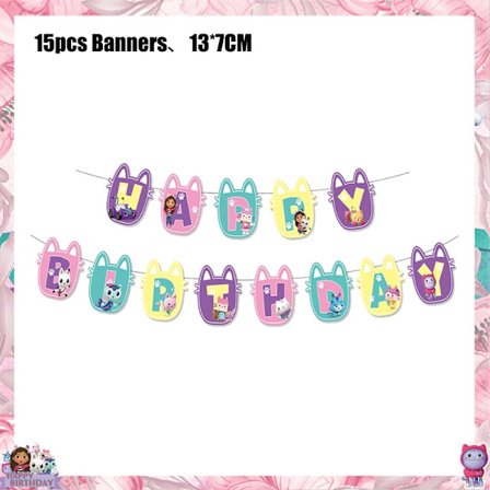 Gabby Dollhouse Fødselsdagsfestartikler: Rosa Gabby Kat-kopper, tallerkener, servietter, balloner, baggrund-FA-