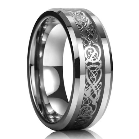 Wolframkarbidring, Sølv Keltisk Drage Titanium Ring, Sølv Karbonfiberinnlegg, Fine Smykker, Unisex, Smykkegave (Størrelse 7)