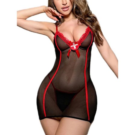 Babydollunderklädesset i mesh, sexig genomskinlig halterneck-nattlinne för dam med lapptäcke i spets och stringtrosa, för romantiska nätter och 