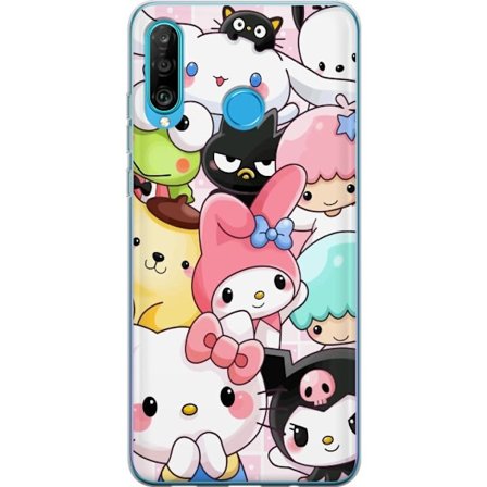 Kompatibelt Mobildeksel til Huawei P30 lite Tett mønster av søte figurer med store øyne i ulike farger og uttrykk med LABUBU-tekst