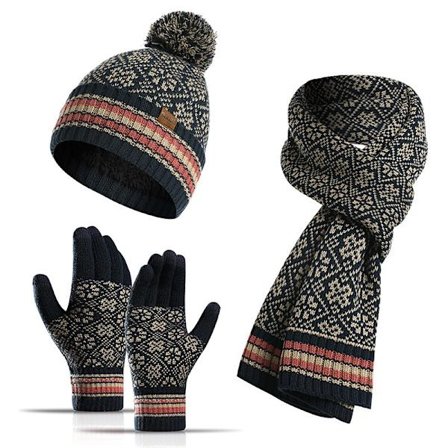 3 stk Snefnugtryk Dame Hat Handsker Tørklæde Sæt Vinter Beanie Varm Strik Pom Cap Navy