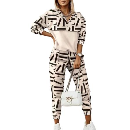 Kostym kvinnors flerfärgade printed långärmade culottes Huvtröja Smal mode Elegant pendlingsdräkt BEIGE1 M