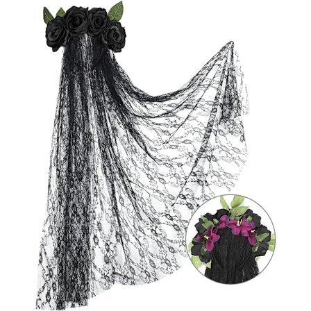 Halloween Blondehårbånd, Rosehårbånd, Svarte Rose Mesh Blondehårtilbehør, Halloween Spøkelsesbrud Party Hodeplagg