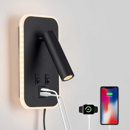 Sängläslampor, sänglampor med eluttag, fast anslutna två-i-ett-vägglampor och sänglampor med USB C- och A-portar.