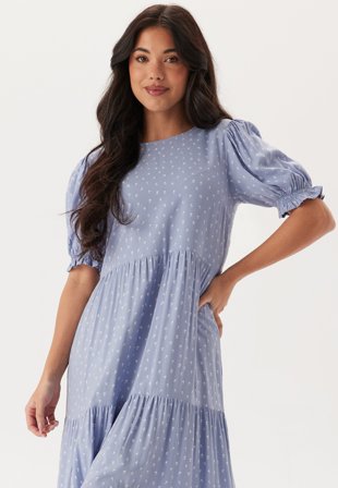 Happy Holly Puff Sleeve Viscose Midi Dress Light blue/Patterned 32/34