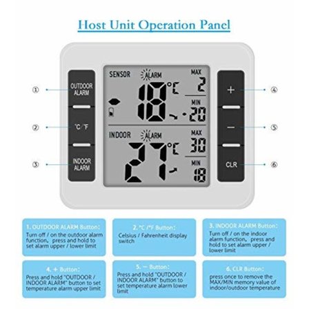 LCD Digital Kylskåpstermometer, Frys Termometer, Kylskåpstermometer med Sensorlarm Klocka och Min/Max-poster [Batteri Ingår Inte]
