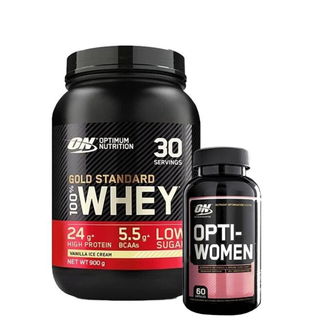 100 % Whey Gold Standard Myseprotein 908 g + Opti-Women, 60 kapsler