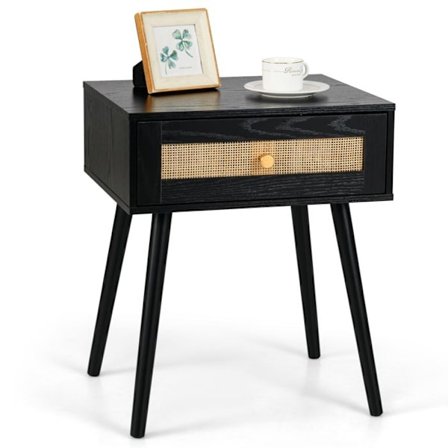 COSTWAY Rattan sengebord med skuffe, træben, natbord til stue, soveværelse, 48 x 40 x 58 cm, sort