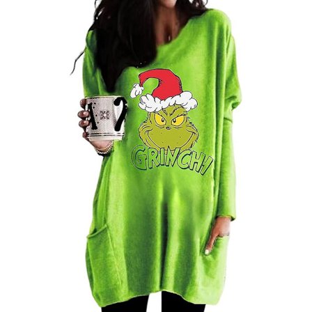 Juletrøje til kvinder med Grinch-print - Casual løs julefest-trøje, lang T-shirt med lommer (Type 3)