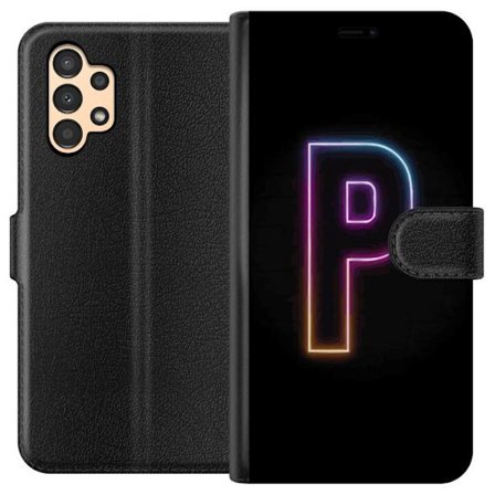 Kompatibel Tegnebogsetui til Samsung Samsung Galaxy A13 Minimalistisk neonbogstav P i farvegradient og lyseffekt mod sort baggrund i digital neonstil