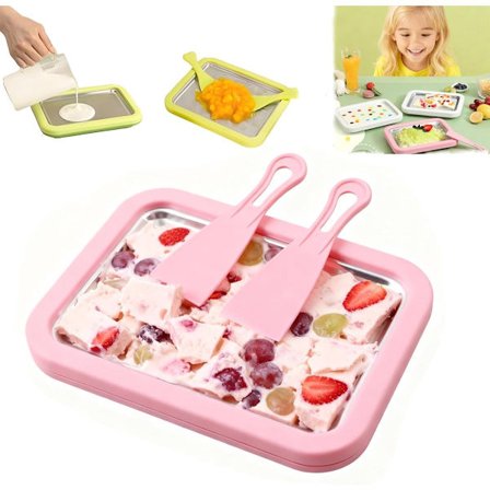 Food Processor Rustfritt Stål Rullet Iskremmaskin Matsikker DIY Isbrett Øyeblikkelig Fryseplate med 2 Skrapere for Yoghurt Sorbet Familieaktivitet