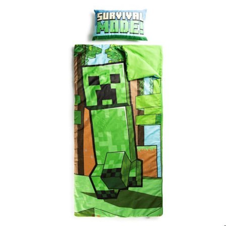 Minecraft Creeper sovsäck med integrerat kuddset, täcke och kudde.