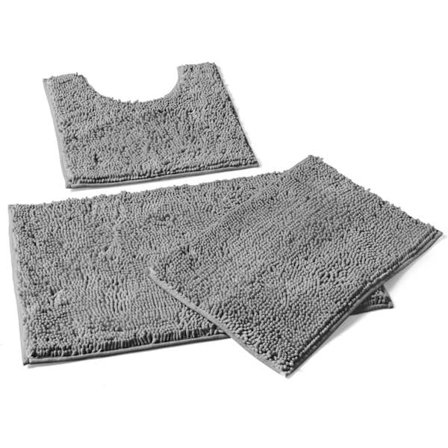 Badeværelsesmåttesæt 3 Dele, skridsikker langhåret grå badeværelsesmåtte og pudesæt