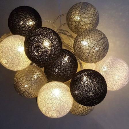 Strengelys med bomullsballer (grå) - 3,8M 20 LED-lys Batteridrevet belysning for soveromsgardin, fest, jul, bursdag, halloween, bryllup, barnerom, 