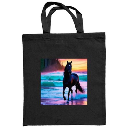 Stoffpose Svart hest på strand ved solnedgang med fargerik himmel, drømmeaktig naturillustrasjon for plakater og mobildeksler