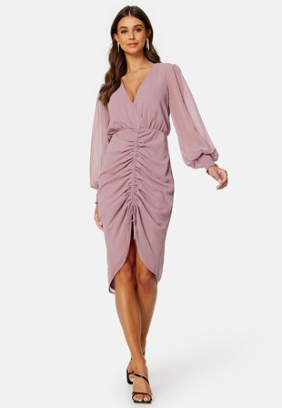 Goddiva Long Sleeve Chiffon Rouched Midi Dress Dusk Klær