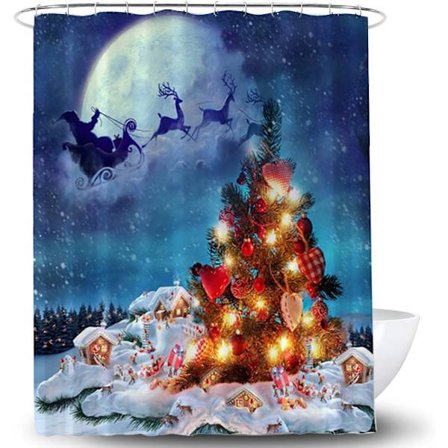 Julmönstrad blå duschdraperi vattentät polyester duschdraperi med krokar jul badrumsdekoration, 180*180 cm