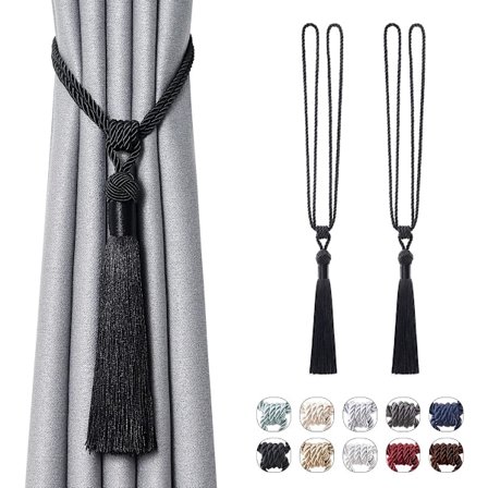 (Svart) 2 Pakning Lange Dusker Gardinbånd Håndlagde Europeisk Stil Flettet Tau Knute Gardinholdere for Hjemmekontor Vindusdekor