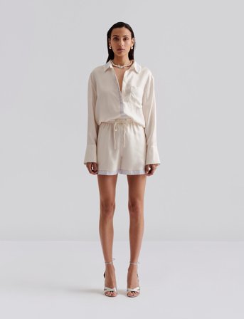 Malina Iris Wide Drawstring Silk Shorts - White - XS