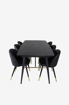 Venture Home - Spisegruppe Gold med 6 spisebordsstole Velvet - Sort - Spisebordssæt 6 personer - Fra Homeroom