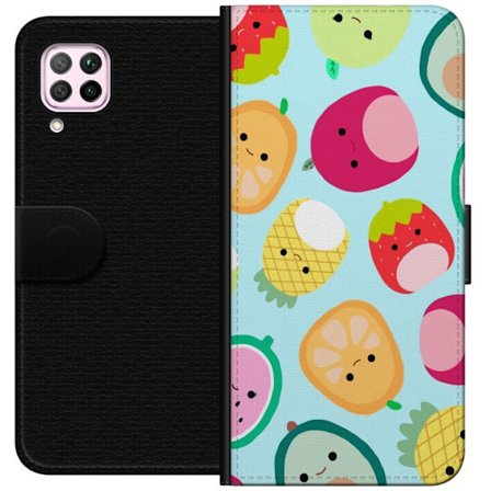 Kompatibel Tegnebogsetui til Huawei P40 lite Mønster af kawaii frugter som jordbær citron ananas og avocado på lyseblå baggrund