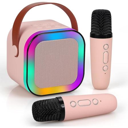 Karaokemaskine til børn og voksne, mini bærbar blue-tooth karaoke-højttaler med 2 trådløse mikrofoner og dynamiske lys, hjem Ktv, udendørs, rejse (
