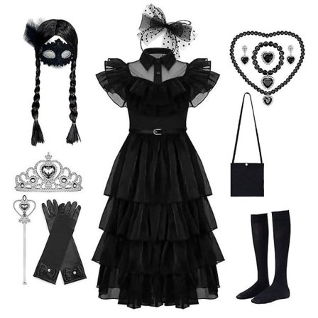 Wednesday Addams Kjole Cosplay Kostyme Barn Jenter Fest Svarte Kjoler Halskjede Maske Kjole Kit 120cm