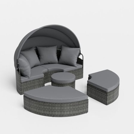 Utemöbelset i PE-rotting från COSTWAY med infällbart tak och kuddar, solsäng för pool och bakgård, grå.