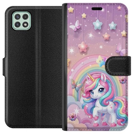 Kompatibel Tegnebogsetui til Samsung Galaxy A22 5G Magisk enhjørning med regnbue manke, stjerner og sommerfugle mod en pastelfarvet himmel med skyer